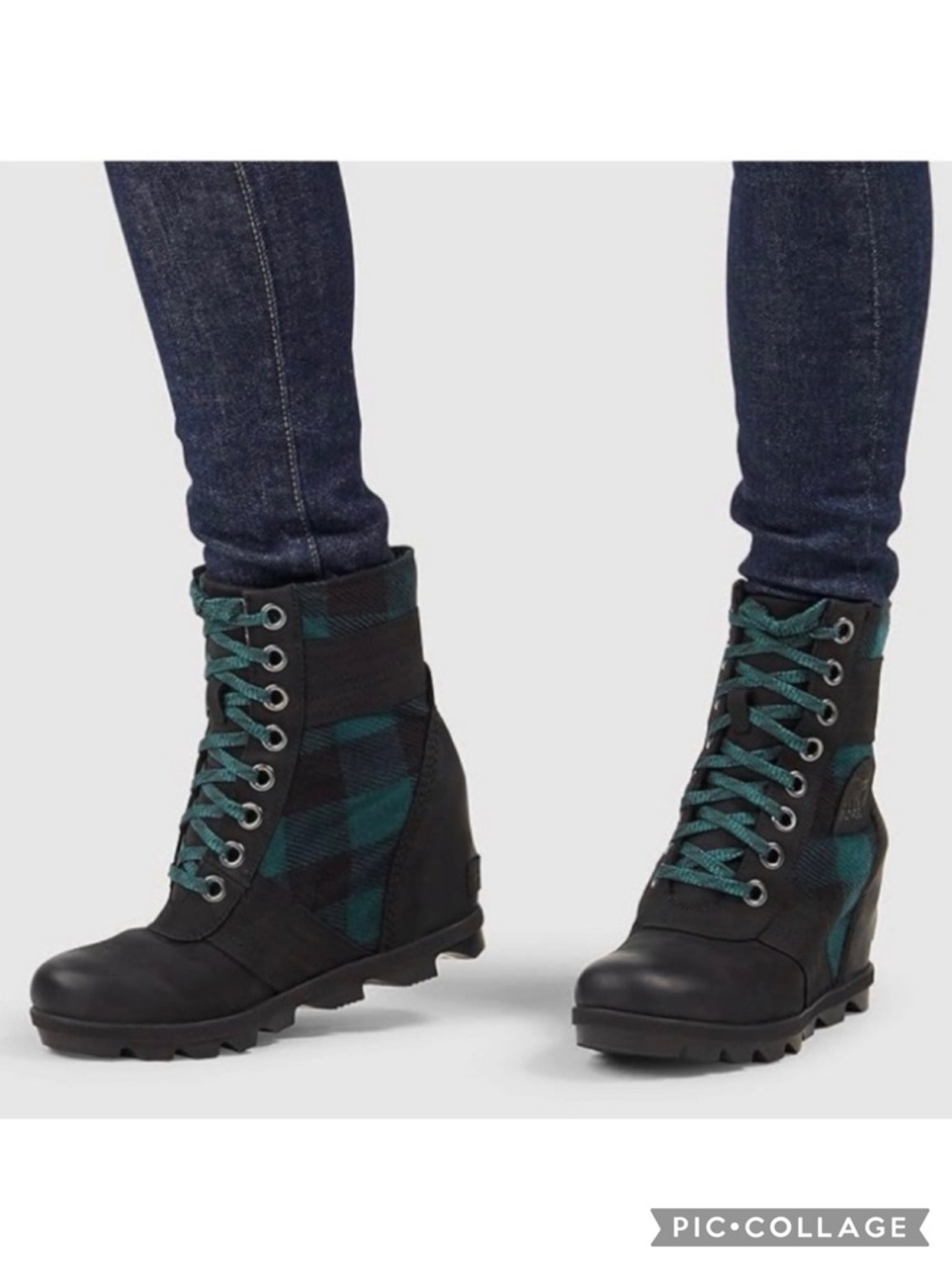 Sorel Lexi Teal Black Plaid Lace Up Hidden Wedge Boots 5 Waterproof
